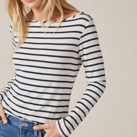 Amour Vert Tops - Amour Vert Francoise Blue White Breton Striped T-Shirt